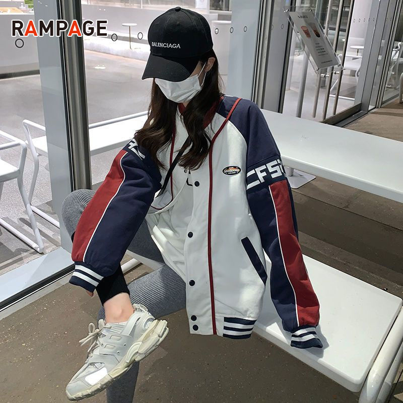 RAMPAGE American splicing baseball jacket female spring and autumn niche fashion retro couple jacket ins tide
