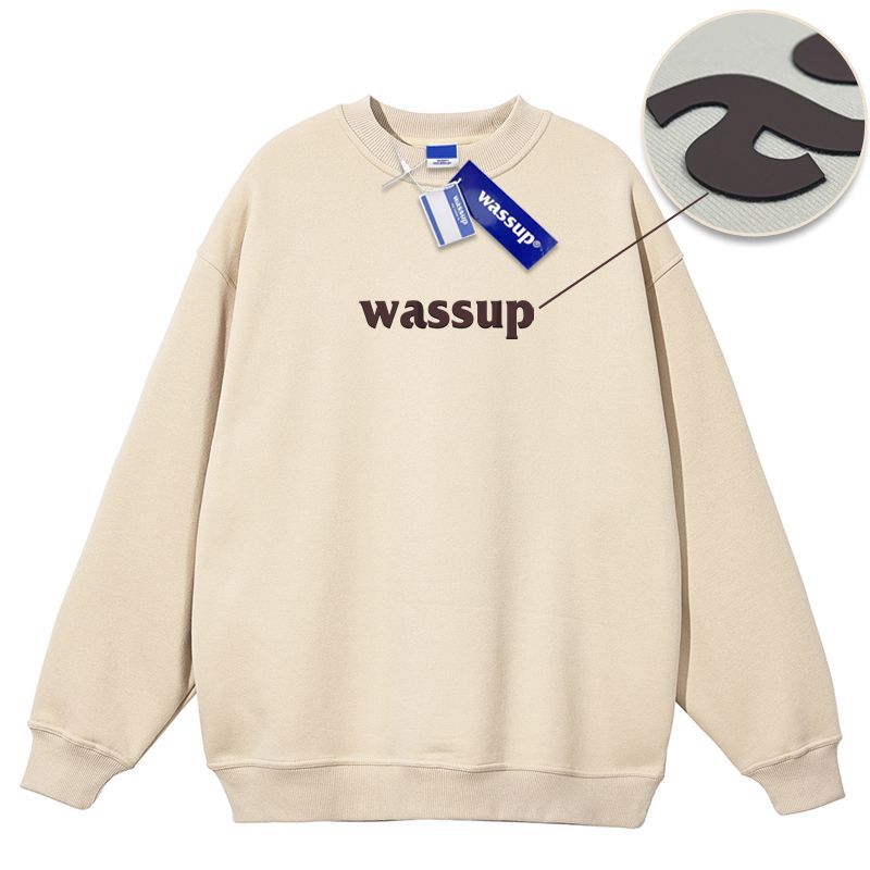 Wassup國潮立體壓膠秋冬加絨加厚圓領衛衣男女潮牌寬鬆上衣情侶裝