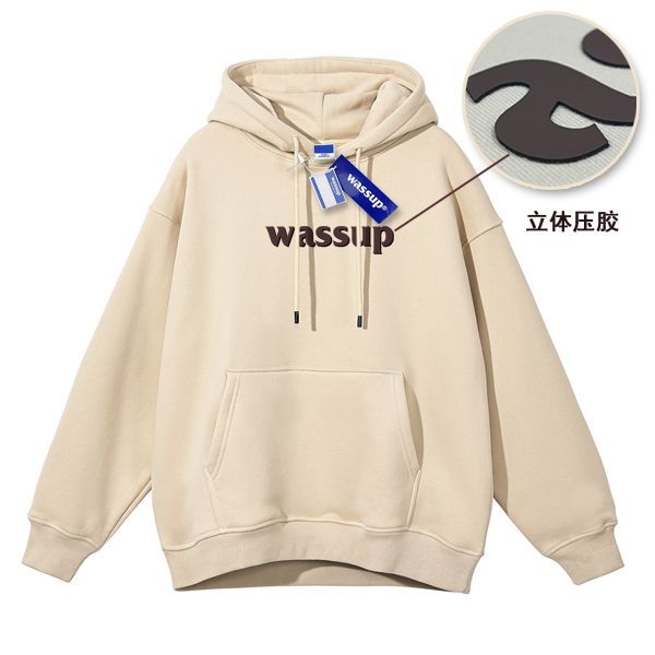 Wassup國潮立體壓膠秋冬加絨加厚連帽衛衣男女潮牌寬鬆上衣情侶裝