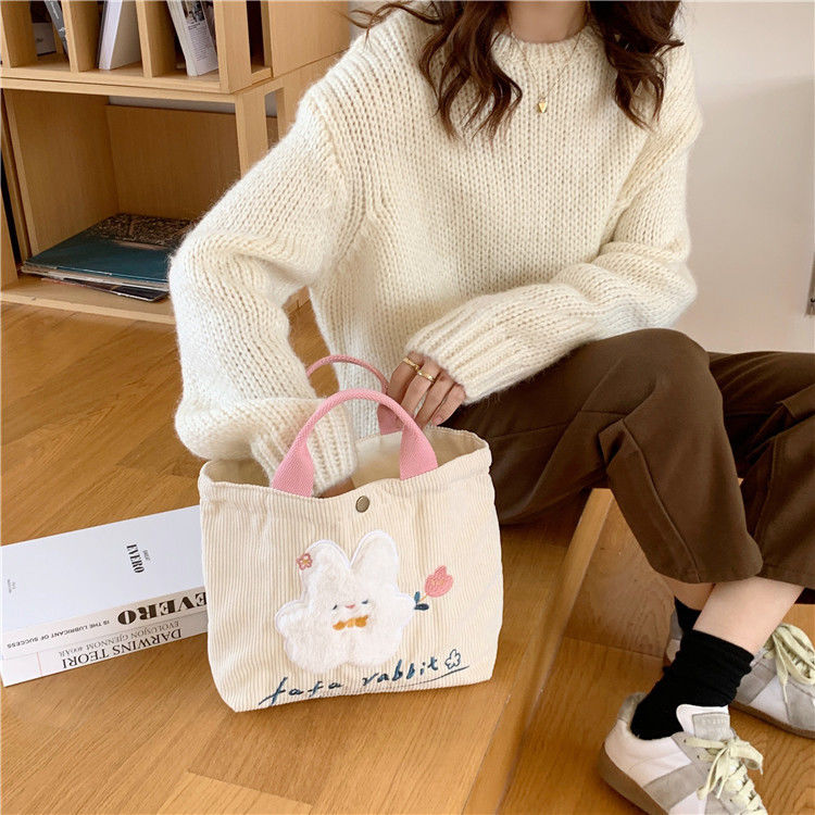 Japanese soft cute girl handbag to work commuting bag ins corduroy embroidery small cloth bag plush bag lunch box bag