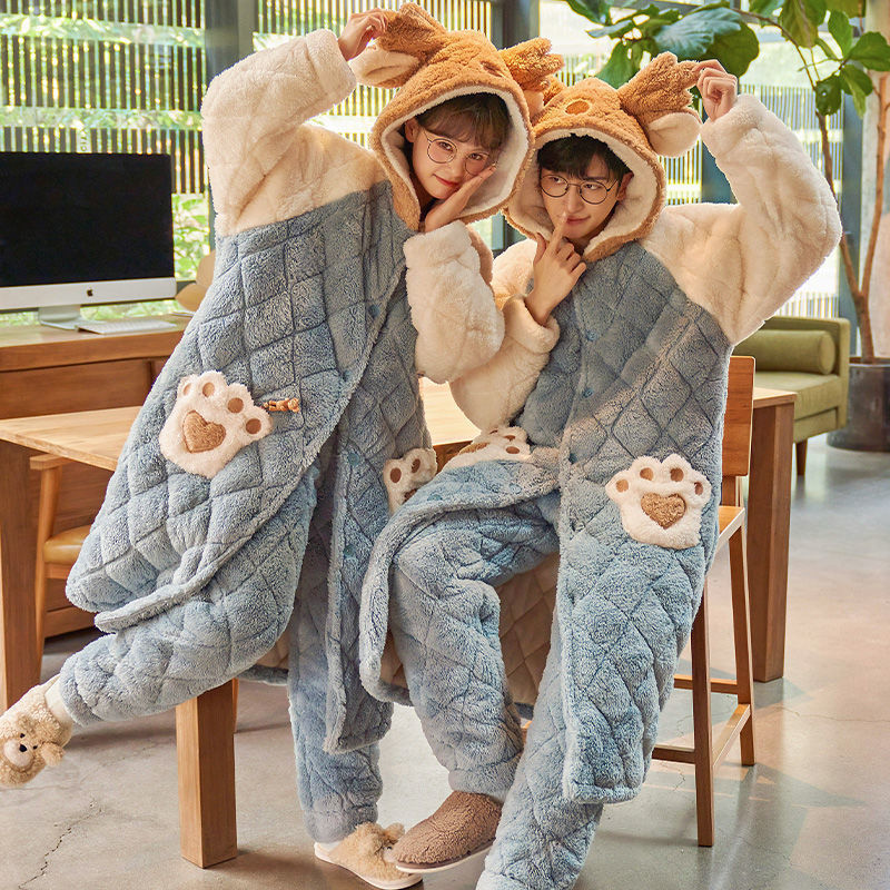 Ou Shibo couple pajamas women's autumn and winter men's coral fleece thickened three-layer quilted nightgown flannel home service
