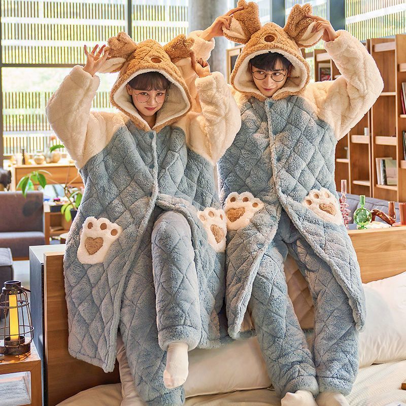 Ou Shibo couple pajamas women's autumn and winter men's coral fleece thickened three-layer quilted nightgown flannel home service