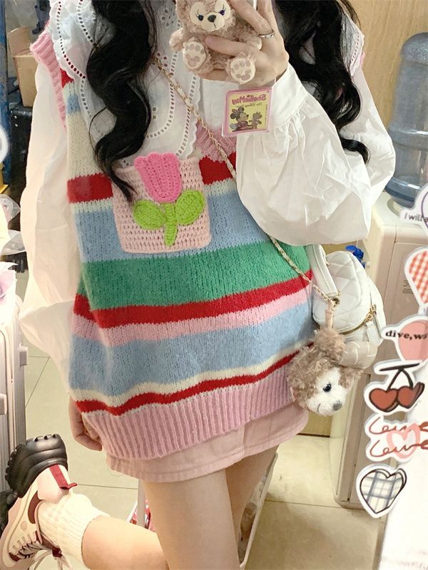 Two-piece suit Korean doll collar shirt + rainbow stripe color matching V-neck sweater vest knitted vest female student