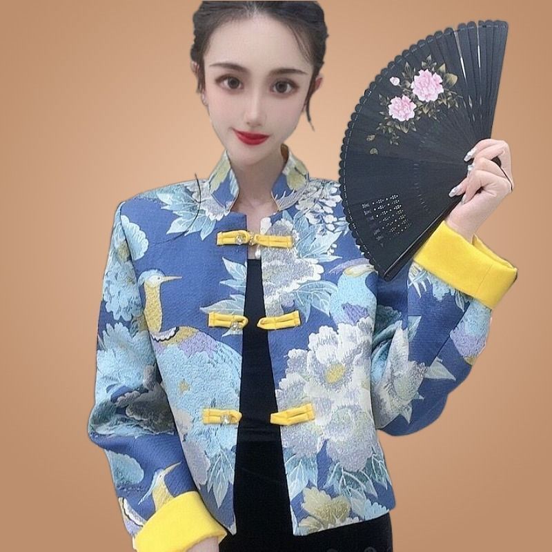 大碼女裝歐貨國風印花外套春秋2023年新款時尚設計感小眾開衫上衣
