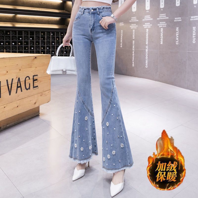 加絨牛仔褲女重工釘珠鑲鑽喇叭褲春夏高腰顯瘦毛邊九分微喇褲垂感