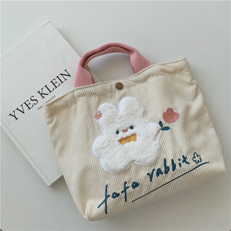 Japanese soft cute girl handbag to work commuting bag ins corduroy embroidery small cloth bag plush bag lunch box bag