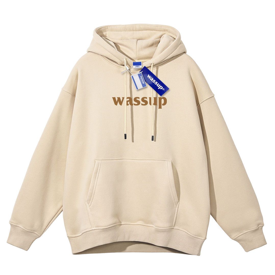 Wassup國潮字母印花秋冬加絨加厚潮牌寬鬆連帽衛衣男女上衣情侶裝