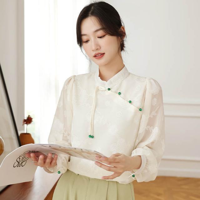 新中式提花2023春季長袖襯衫女設計感百搭顯瘦復古時尚盤扣上衣