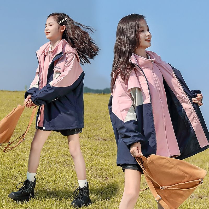 女童衝鋒衣三合一可拆卸春季2023新款兒童裝加絨中大童秋冬厚外套