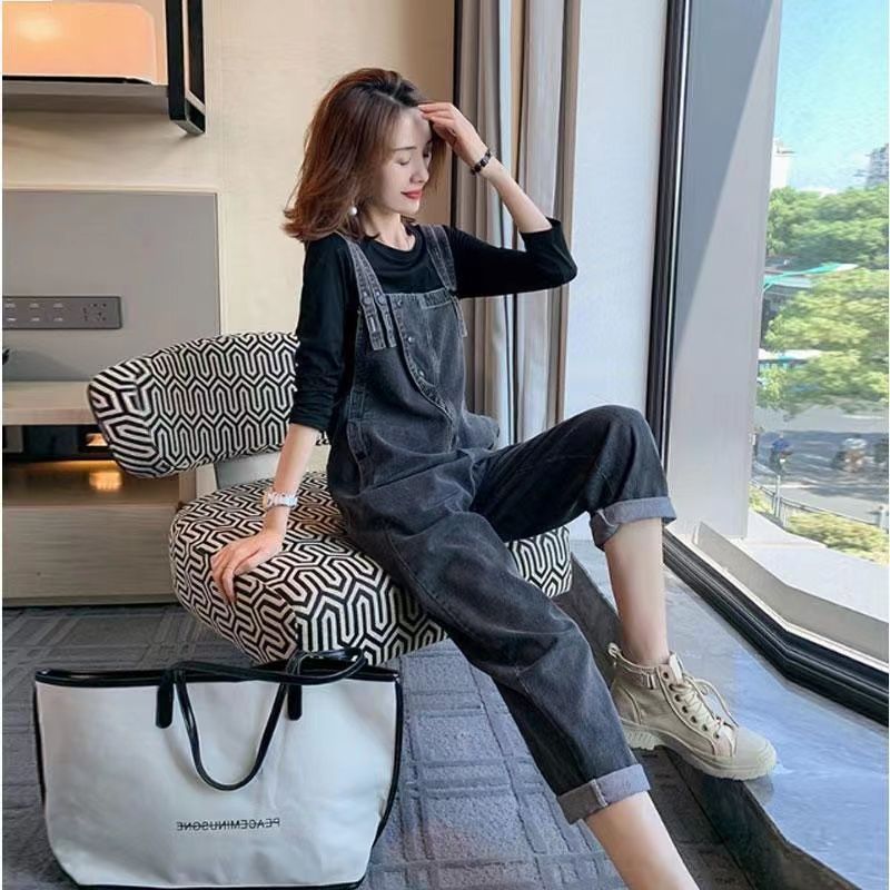 2022 new European goods, Korean version, loose plus size women's clothing, foreign style, age-reducing straight-leg denim overalls, women's spring, summer and autumn models [completed on February 7]