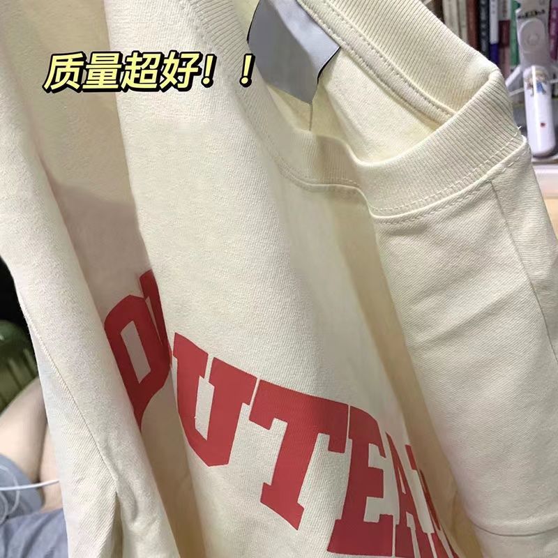 2022夏季爆款美式字母印花短袖t恤女學生寬鬆重磅純棉正肩上衣ins
