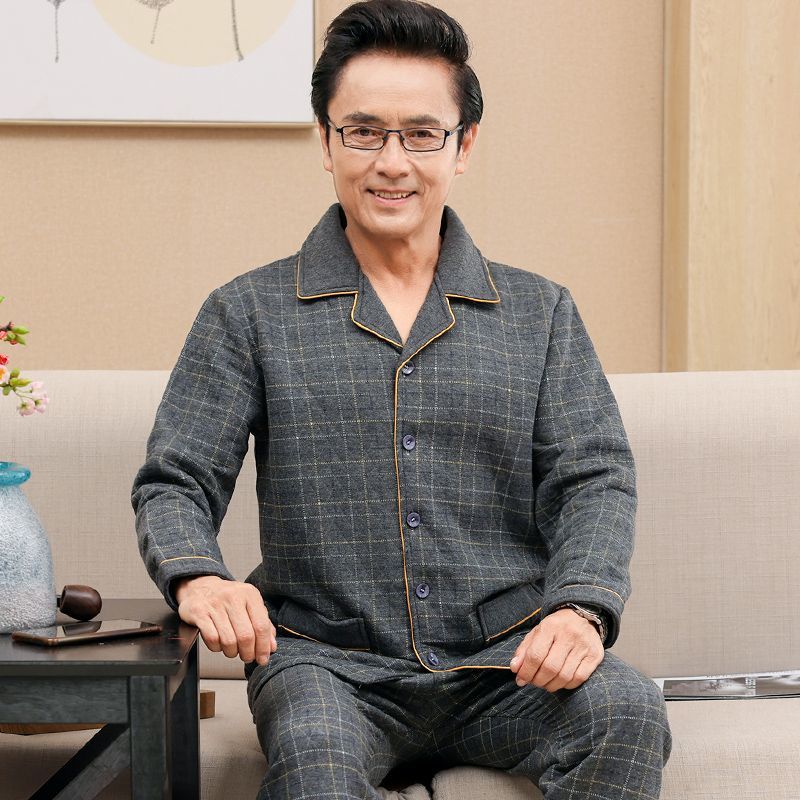 秋冬季男士純棉睡衣加厚夾層棉中年爸爸保暖套裝中老年男款家居服