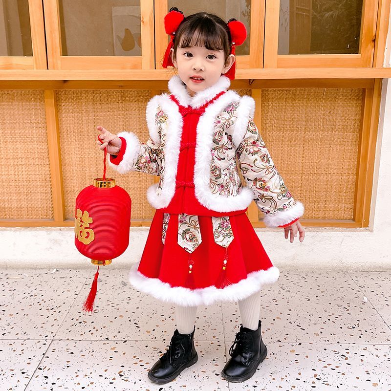 漢服女童冬季唐裝加絨加厚套裝寶寶中國風周歲禮服小童過年拜年服