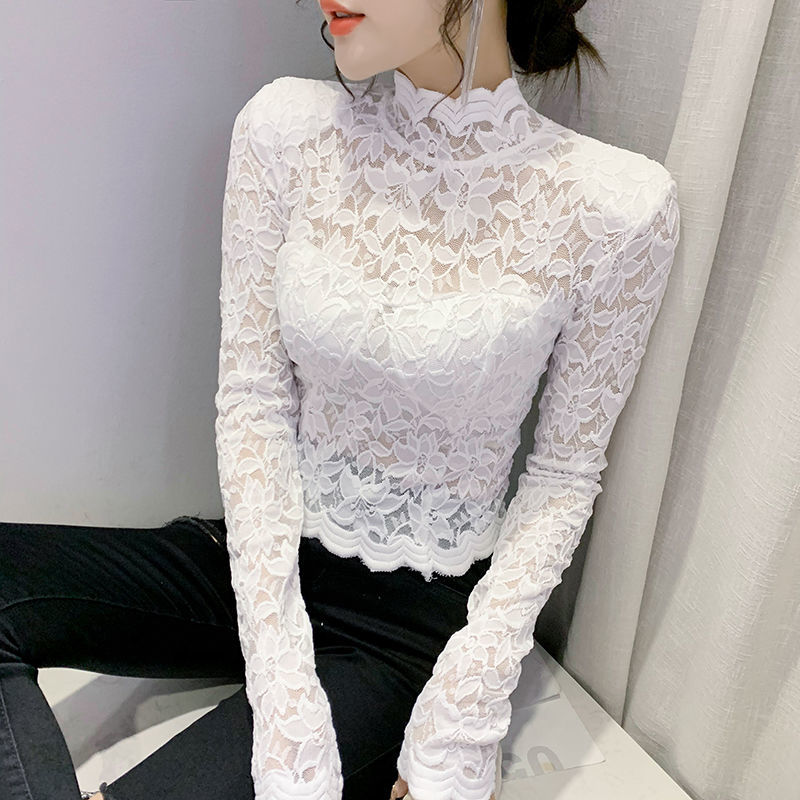 高領蕾絲打底衫女長袖2022秋冬季新款顯瘦洋氣鈎花內搭上衣小衫潮
