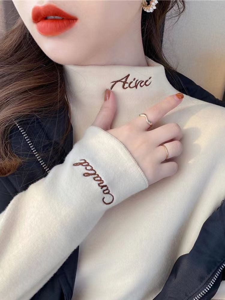 Double-sided German velvet half turtleneck long-sleeved T-shirt for women in autumn and winter embroidered new bottoming shirt with a western style warm top