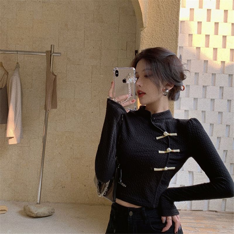 Black retro new Chinese style buckle texture sense slimming sweet and spicy cheongsam long-sleeved shirt T-shirt top female autumn