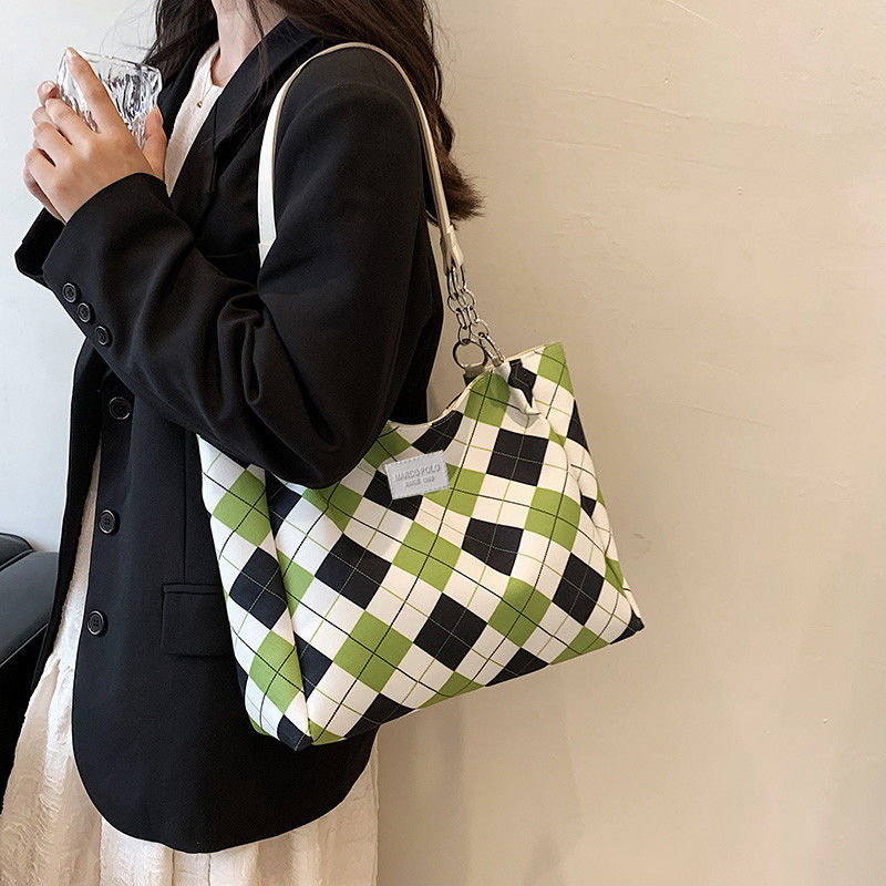 Waterproof bag for women 2023 new high-end shoulder bag student versatile fashion large capacity checkerboard tote bag