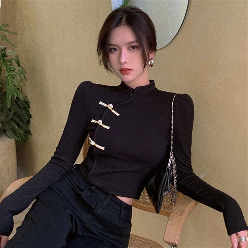 Black retro new Chinese style buckle texture sense slimming sweet and spicy cheongsam long-sleeved shirt T-shirt top female autumn