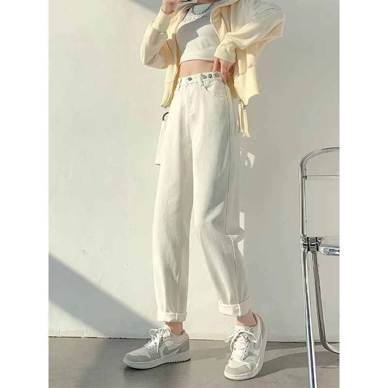 YSYOURS春秋白色哈倫牛仔褲女高腰寬鬆顯瘦直筒大碼蘿蔔老爹褲子