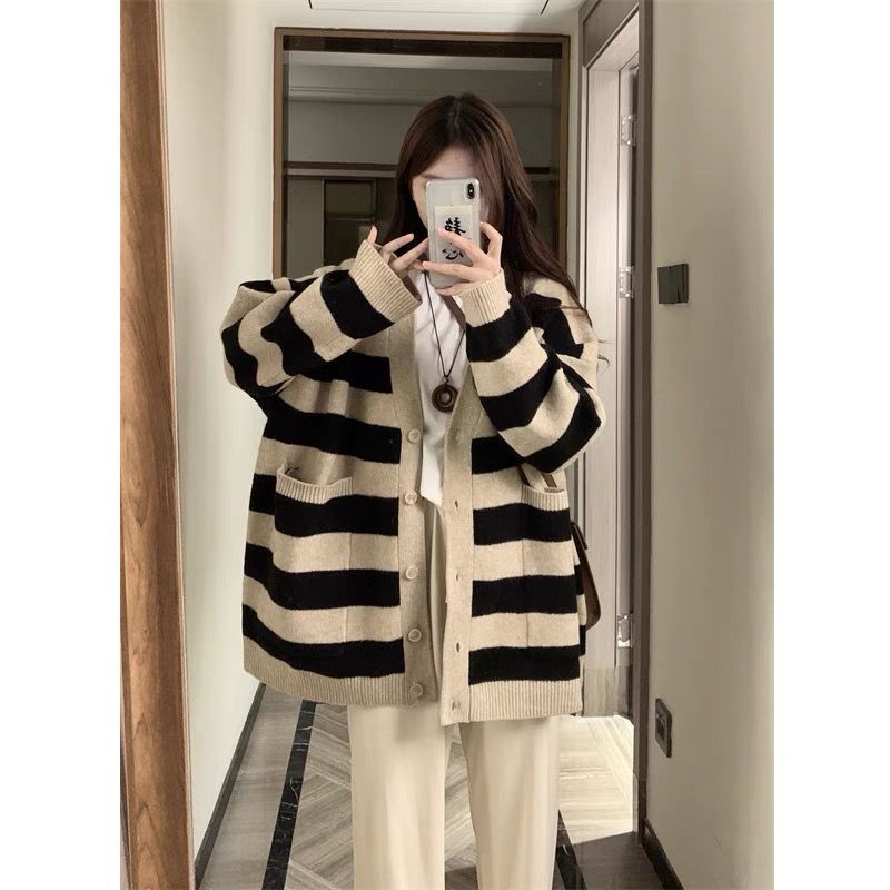 慵懶風條紋毛衣外套女裝秋季2023新款復古寬鬆中長款長袖針織開衫
