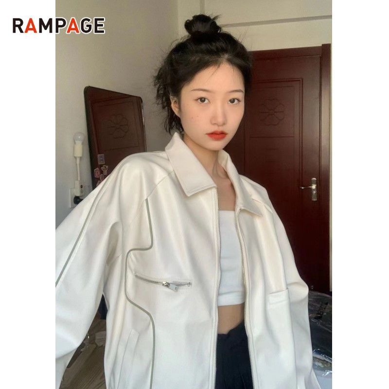 RAMPAGE American vintage leather jacket female spring and autumn loose all-match retro baseball uniform jacket top