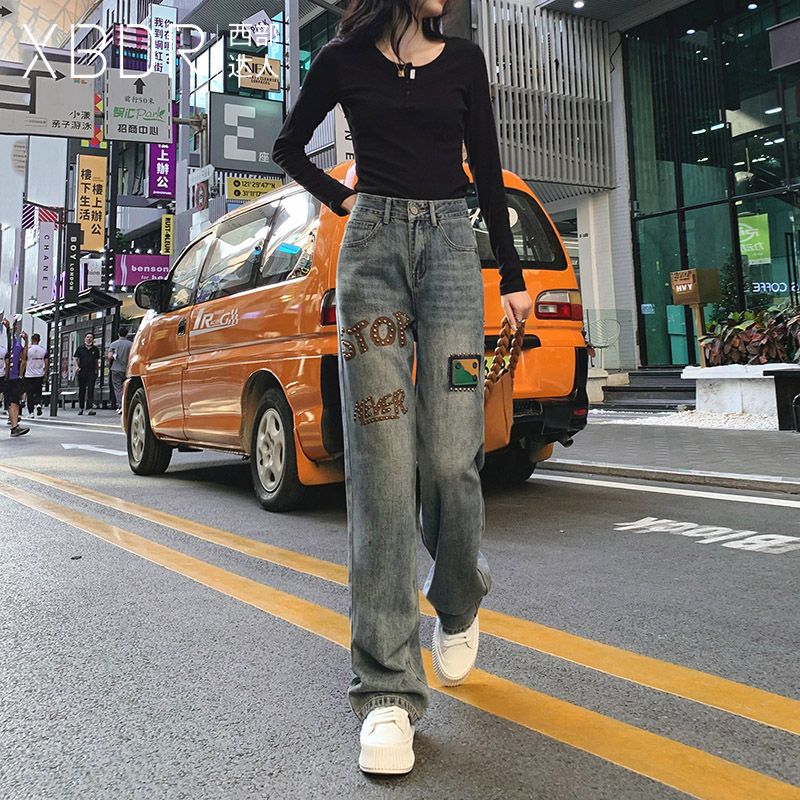 直筒牛仔闊腿褲女寬鬆顯瘦春秋新款時尚港風小眾垂感拖地長褲