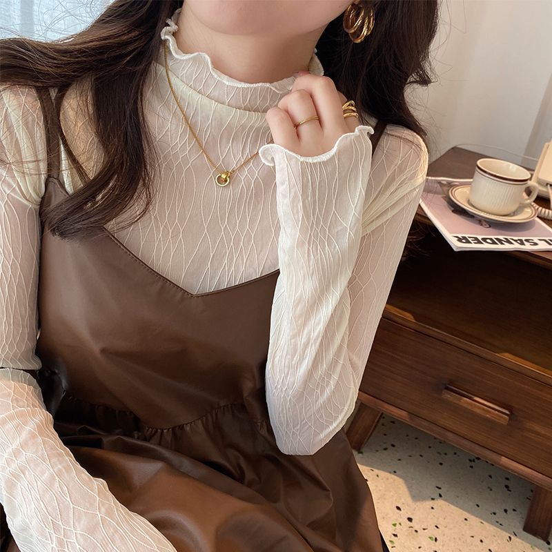 木耳邊半高領蕾絲打底衫女紗衣秋冬洋氣長袖內搭網紗上衣別致小衫