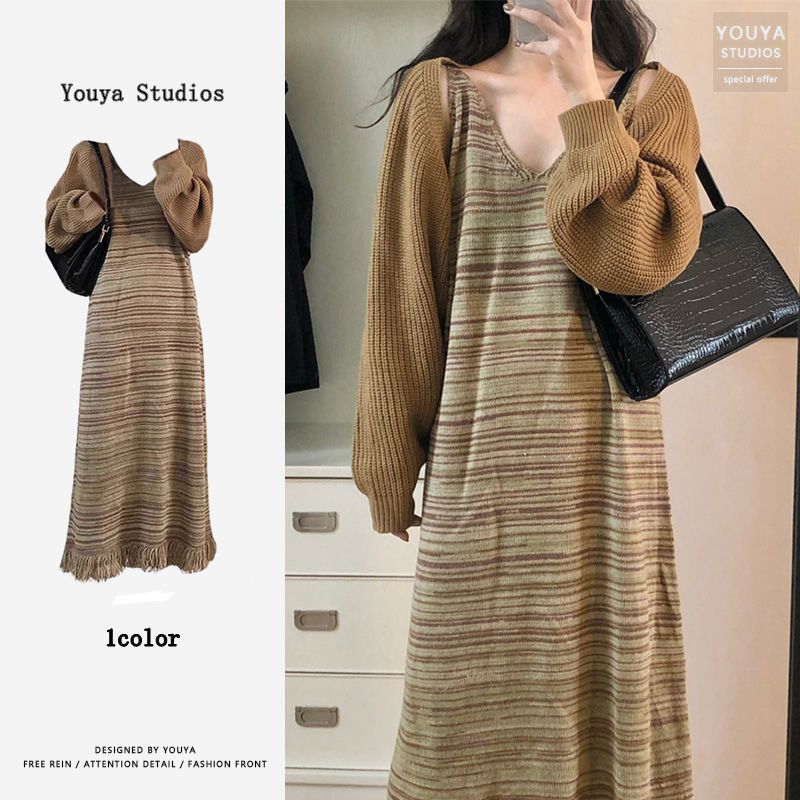 French fringed striped knitted suspender dress for women 2022 autumn new style retro loose slimming long skirt