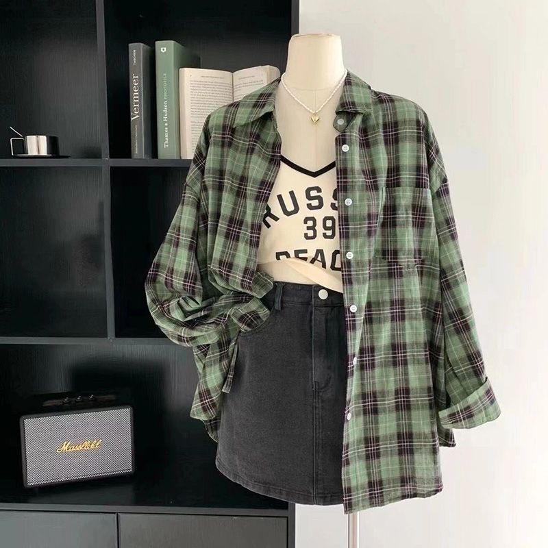 CONGRAZIO/格瑞吉奥绿色格子衬衫上衣女学院宽松设计感长袖外套潮