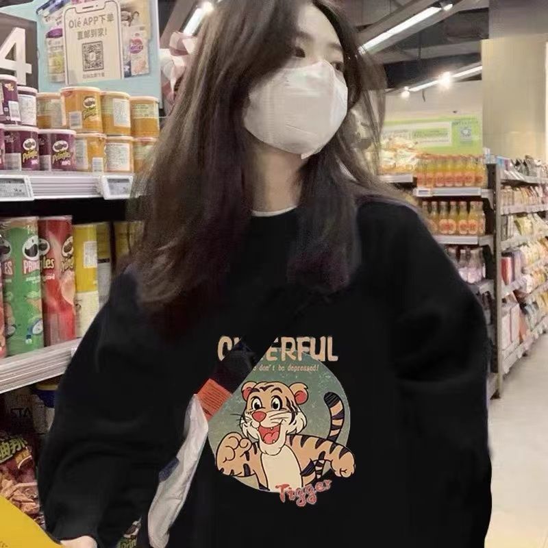 吉兔狗 纯棉不春秋款卫衣女新款宽松洋气圆领印花外穿长袖衫