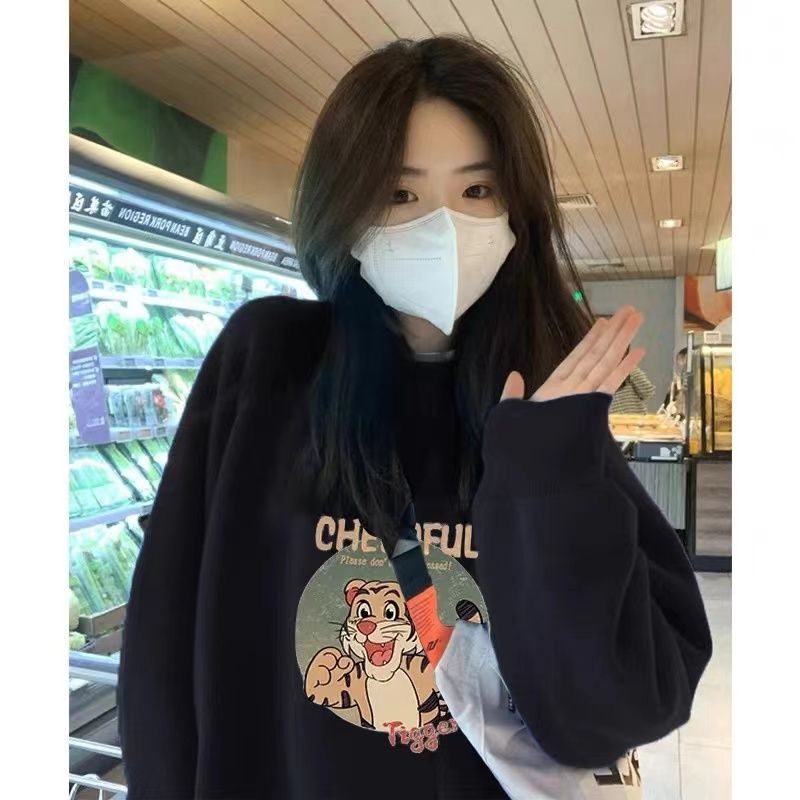 吉兔狗 纯棉不春秋款卫衣女新款宽松洋气圆领印花外穿长袖衫