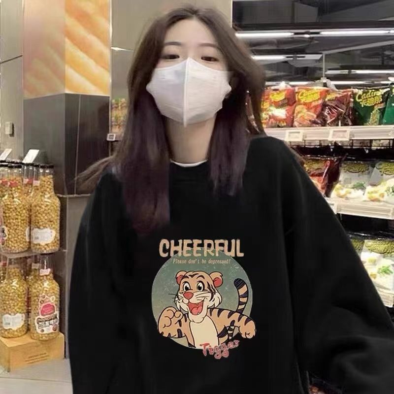 吉兔狗 纯棉不春秋款卫衣女新款宽松洋气圆领印花外穿长袖衫