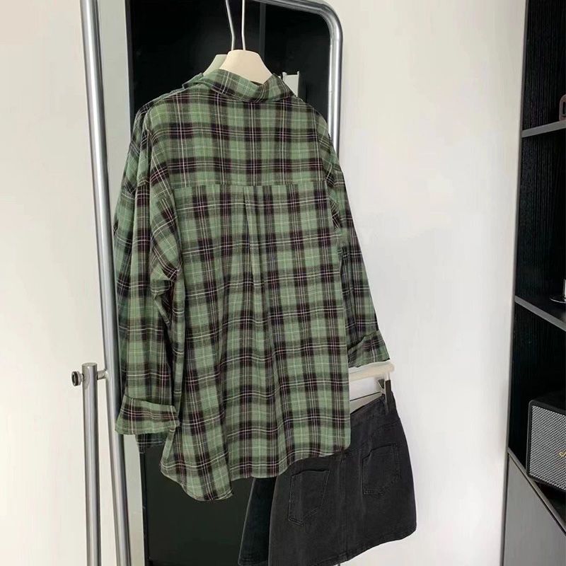 CONGRAZIO/格瑞吉奥绿色格子衬衫上衣女学院宽松设计感长袖外套潮