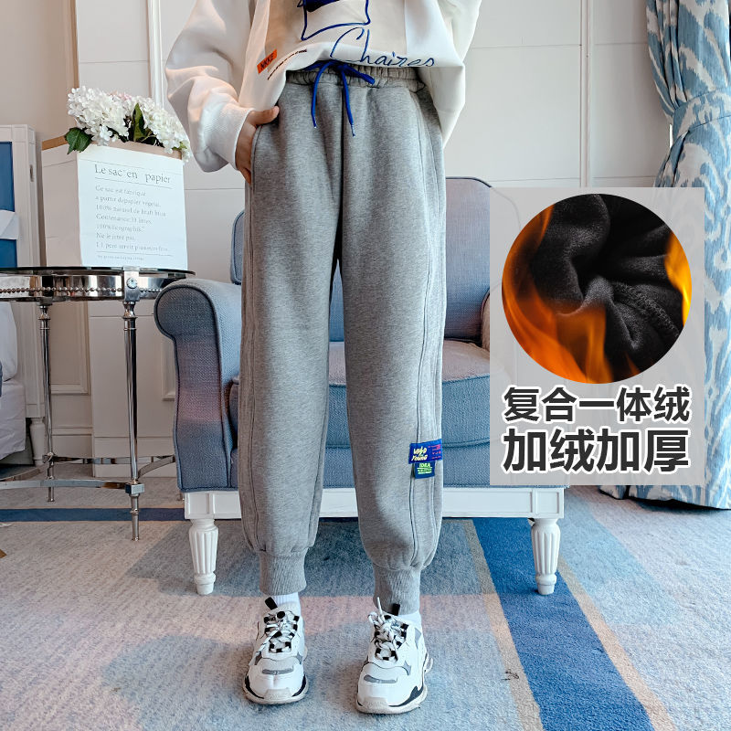 女童加絨衛褲秋冬款加厚褲子網紅運動褲兒童束腳褲女孩洋氣休閒褲