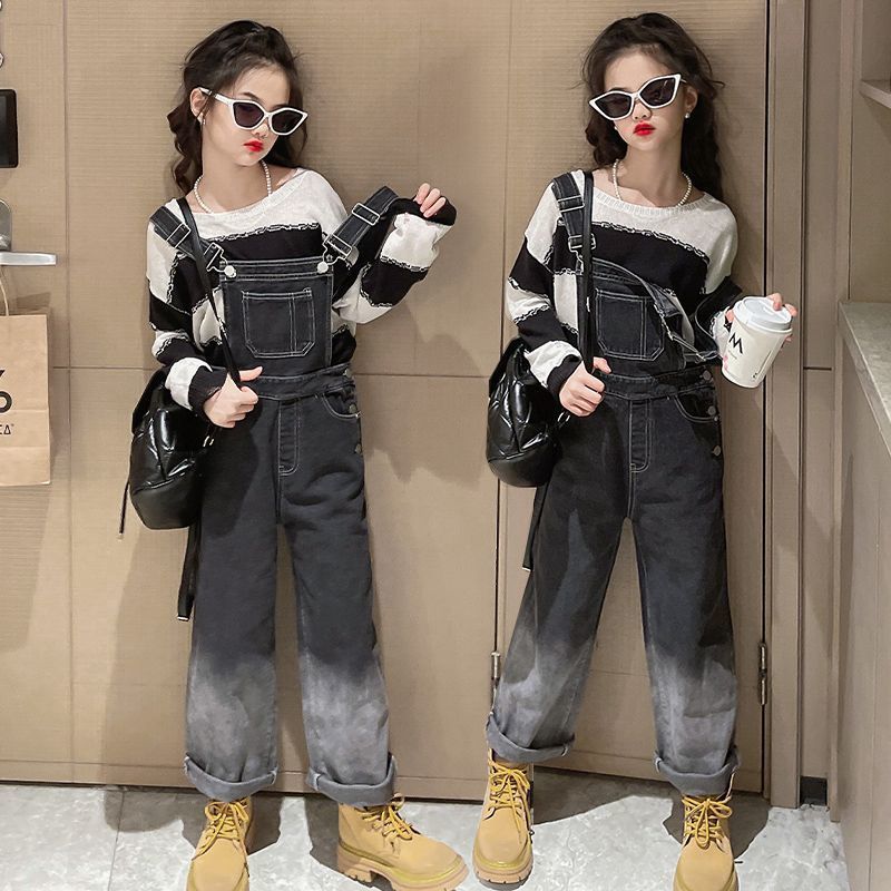 女童春裝牛仔背帶褲套裝2023新款潮兒童洋氣中大童網紅寬鬆長褲子