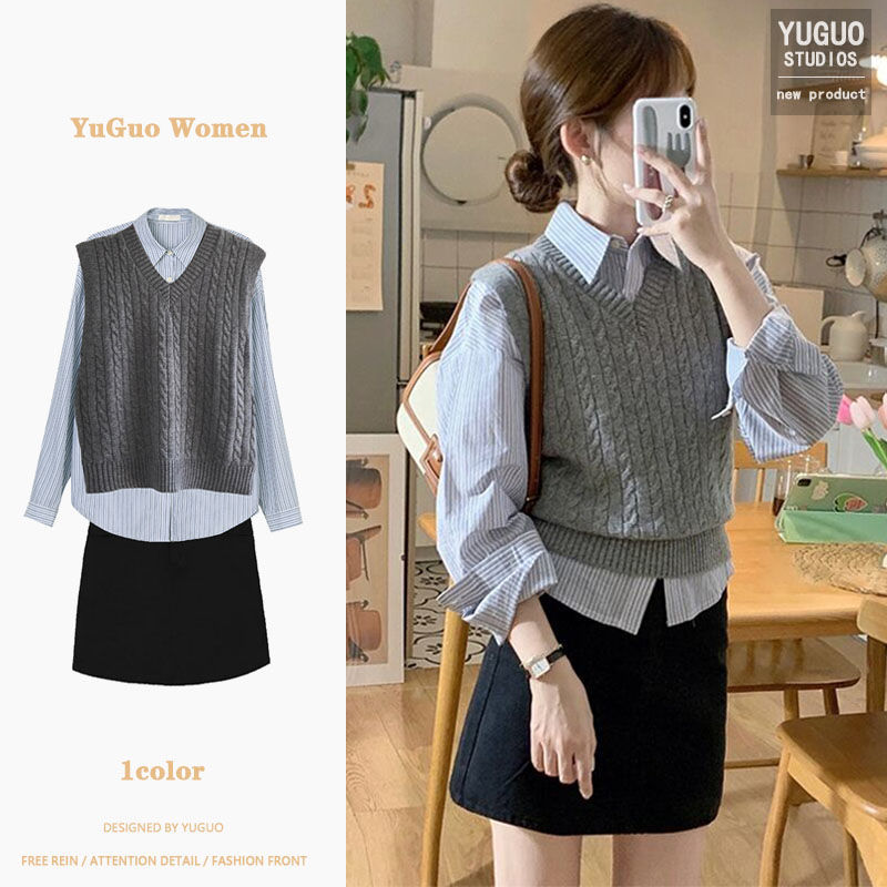 Early autumn Korean-style small people wear knitted vests, striped shirts, two-piece high-end fashion suits and skirts for women