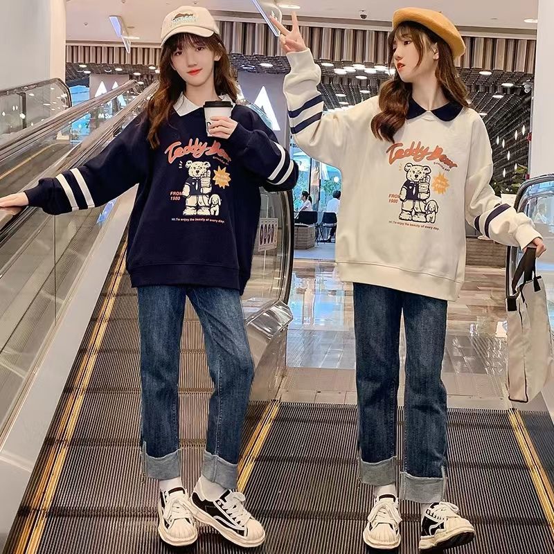 女童春秋套裝小熊印花潮女孩秋季衛衣大童學院風休閒牛仔褲兩件套