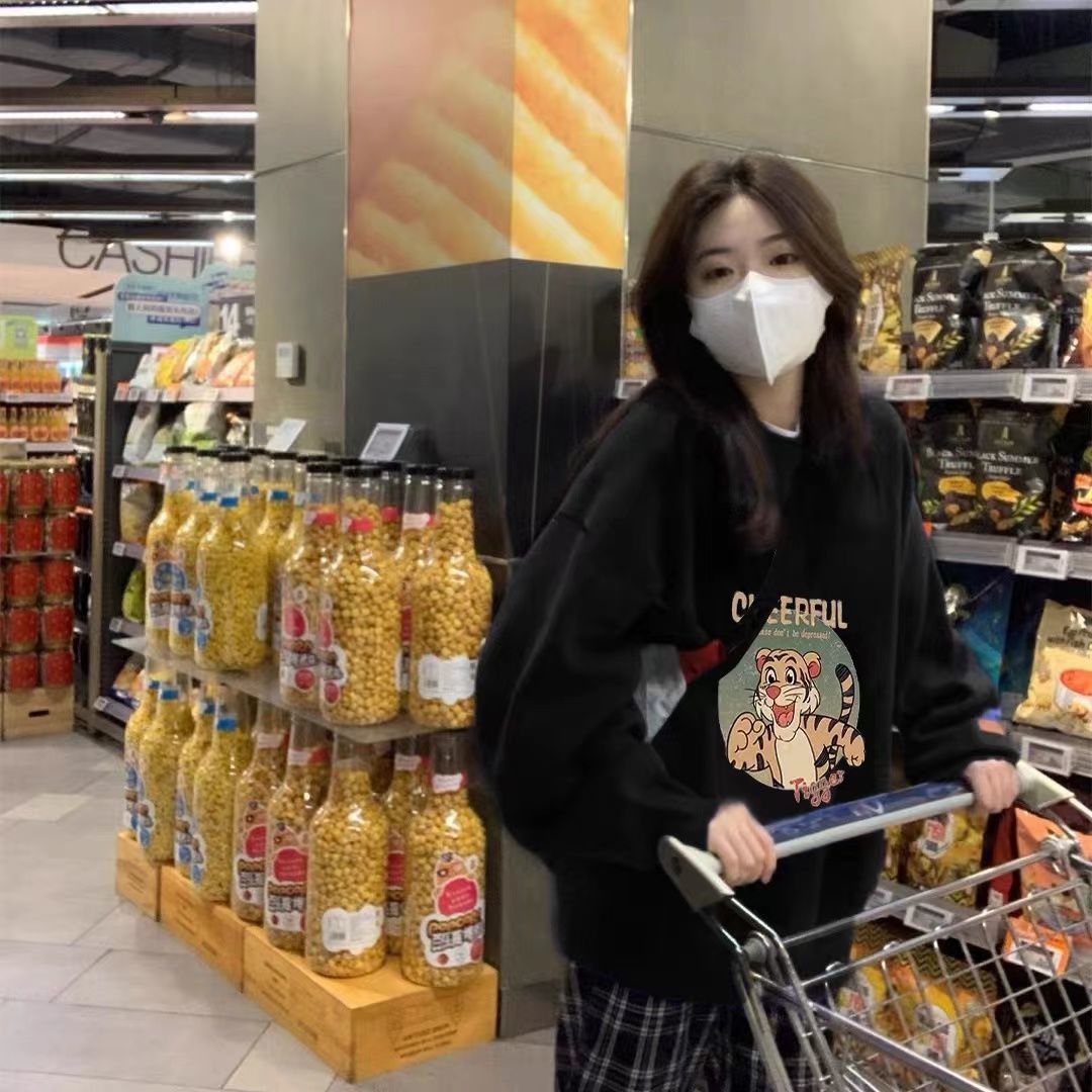 吉兔狗 纯棉不春秋款卫衣女新款宽松洋气圆领印花外穿长袖衫