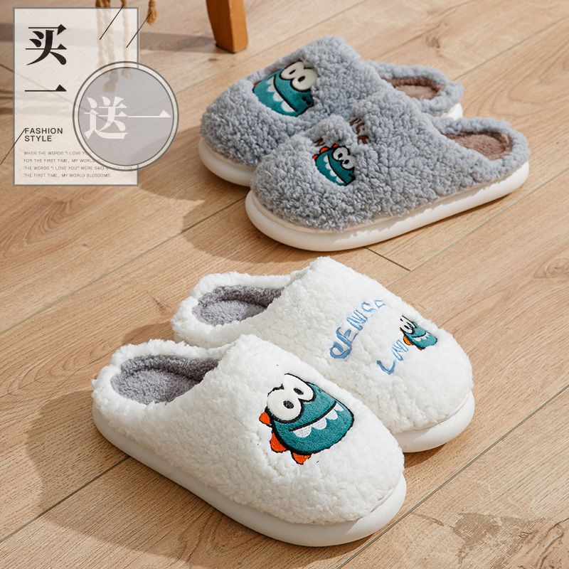 Buy one get one free cotton slippers female couple indoor and outdoor home anti-slip plus velvet thickened warm winter slippers male super soft