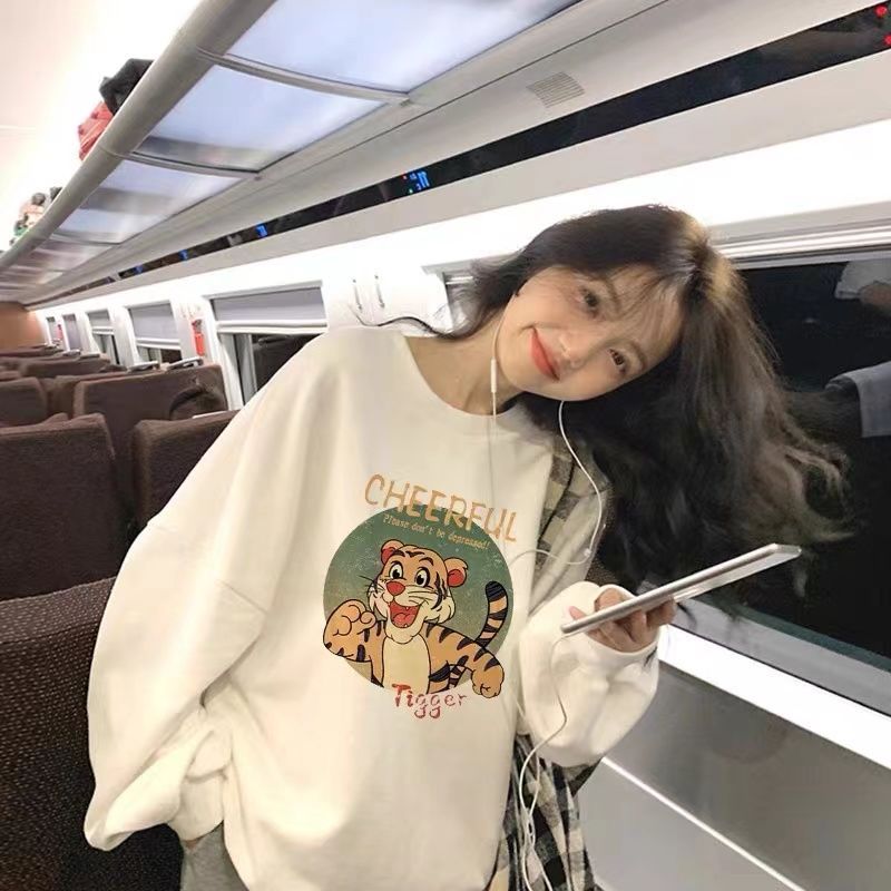 吉兔狗 纯棉不春秋款卫衣女新款宽松洋气圆领印花外穿长袖衫