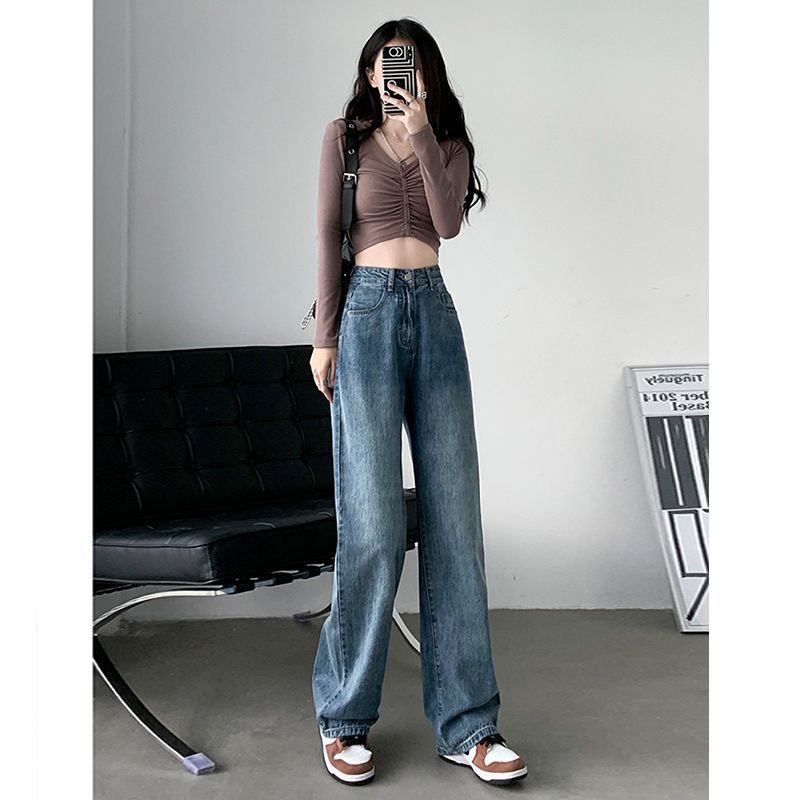 Hong Kong style retro distressed wide-leg jeans for women in spring and autumn new style hot girls high-waisted loose slimming straight pants