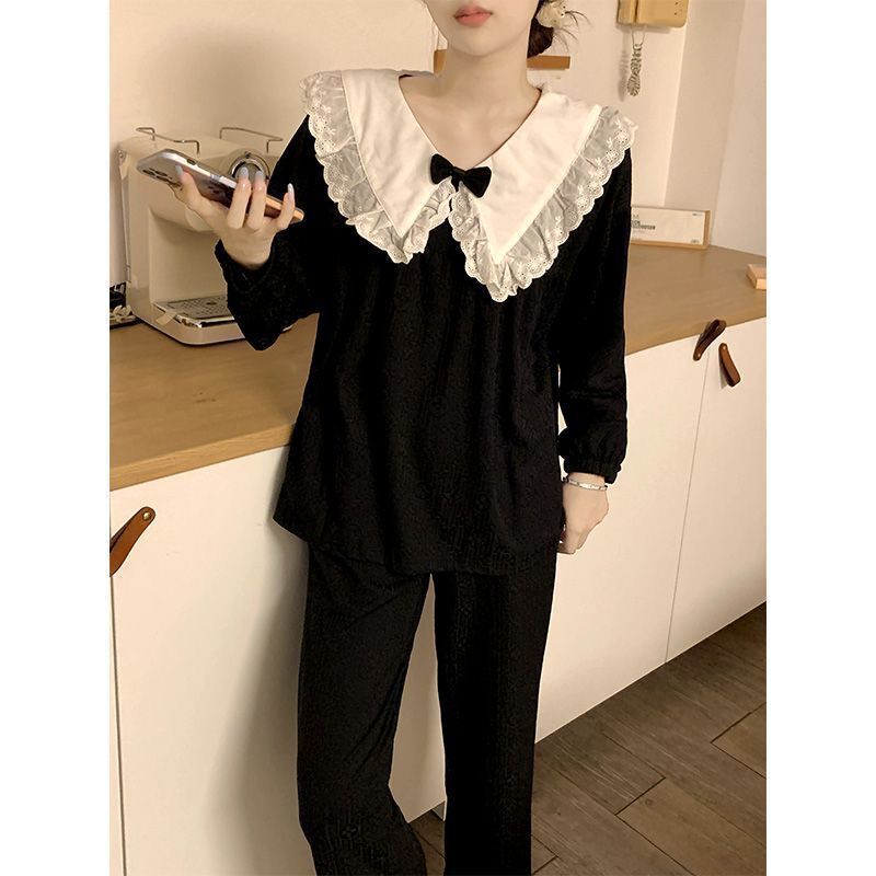 Ins pajamas women's spring and autumn small fragrant wind bow solid color autumn long sleeves can be worn outside girls home service suit