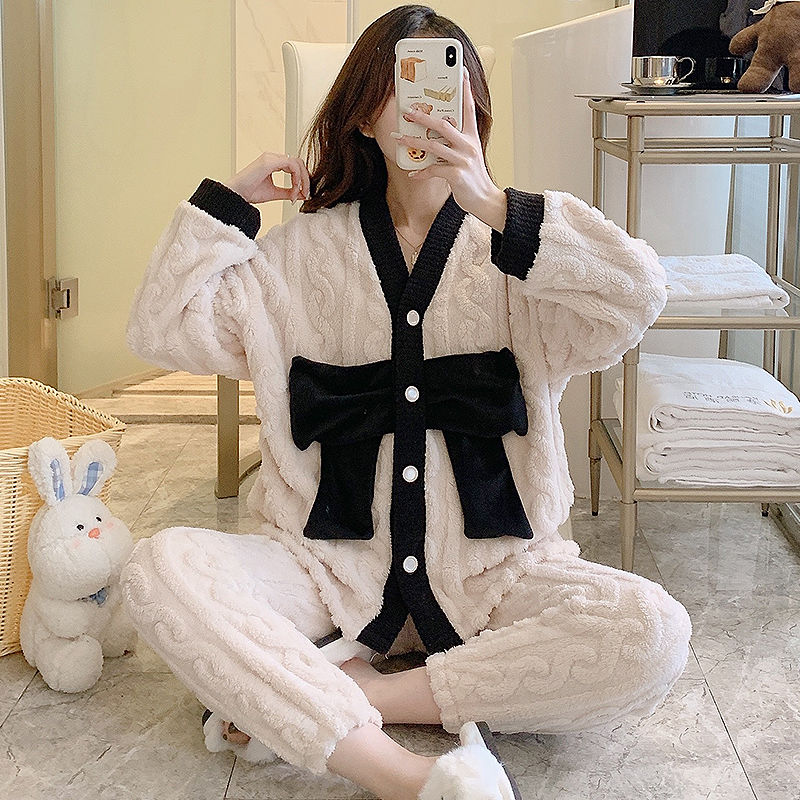 Coral fleece pajamas autumn and winter women's  new thickened plus velvet spring and autumn flannel home clothes warm suit