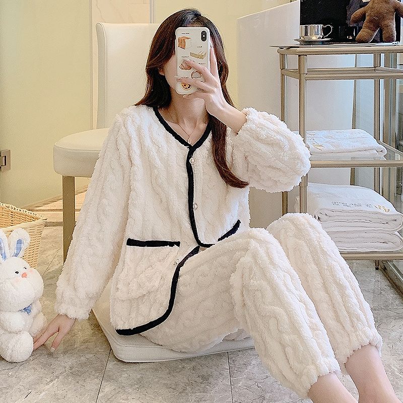 Coral fleece pajamas autumn and winter women's  new thickened plus velvet spring and autumn flannel home clothes warm suit