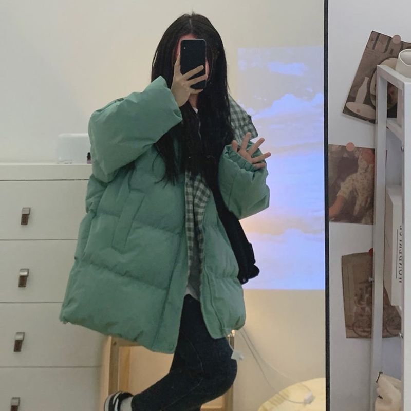 Korean version of contrasting plaid bread coat and cotton coat for women in winter new style student loose and versatile thickened stand collar cotton coat