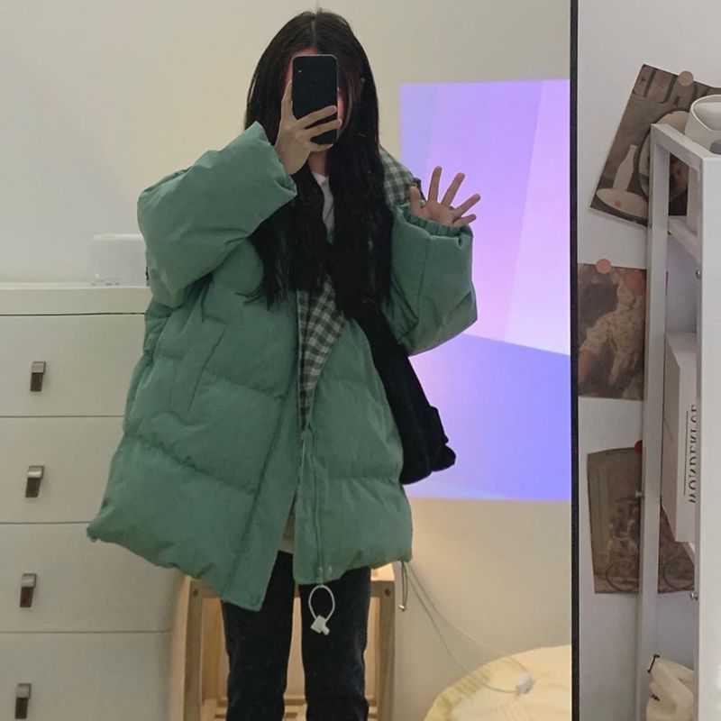 Korean version of contrasting plaid bread coat and cotton coat for women in winter new style student loose and versatile thickened stand collar cotton coat