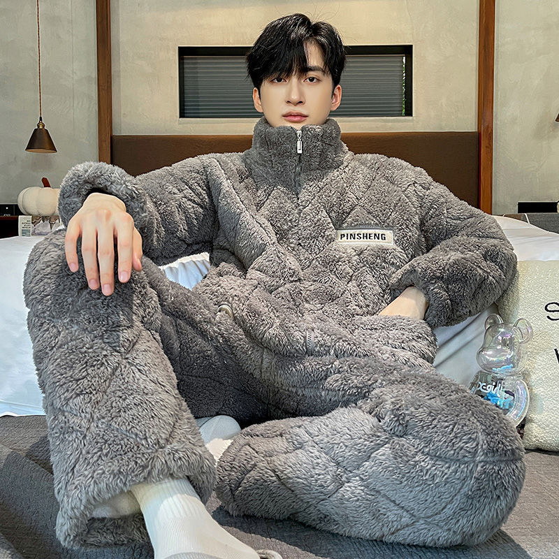 Men's winter three-layer thickened plus velvet coral fleece quilted pajamas plus size warm ultra-thick flannel home clothes