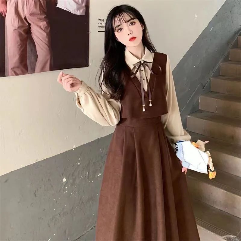 Spring, autumn and winter new fat sister college style shirt stitching fake two-piece long skirt Hepburn style retro dress student