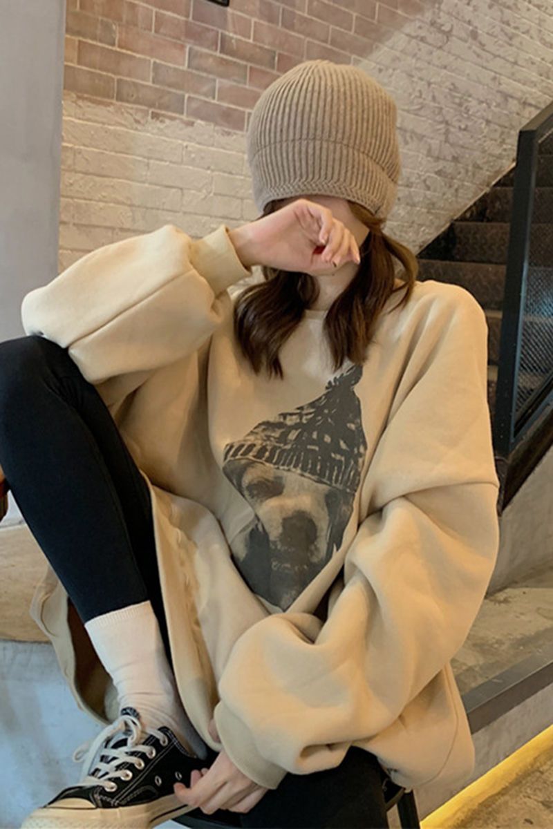 吉兔狗 杏色卫衣女春秋薄款新款潮ins慵懒风冬季宽松加绒加厚外套
