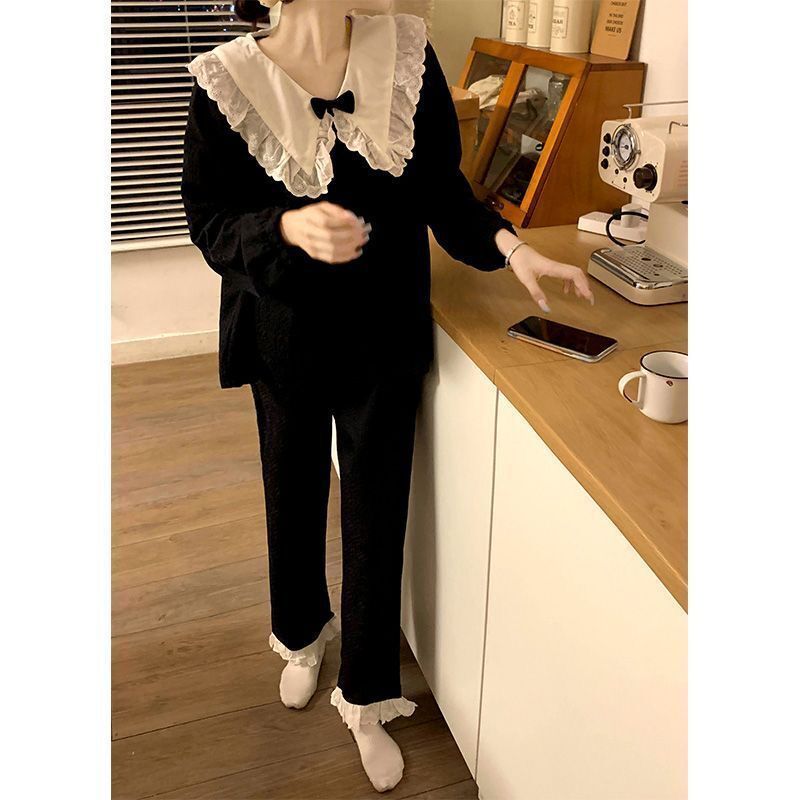Ins pajamas women's spring and autumn small fragrant wind bow solid color autumn long sleeves can be worn outside girls home service suit